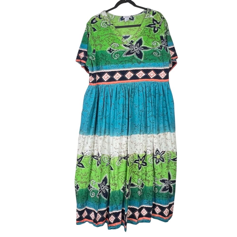 Only Necessities Maxi Dress Women's Blue Green Boho Mumu Cotton Dress 1X - Picture 2 of 11